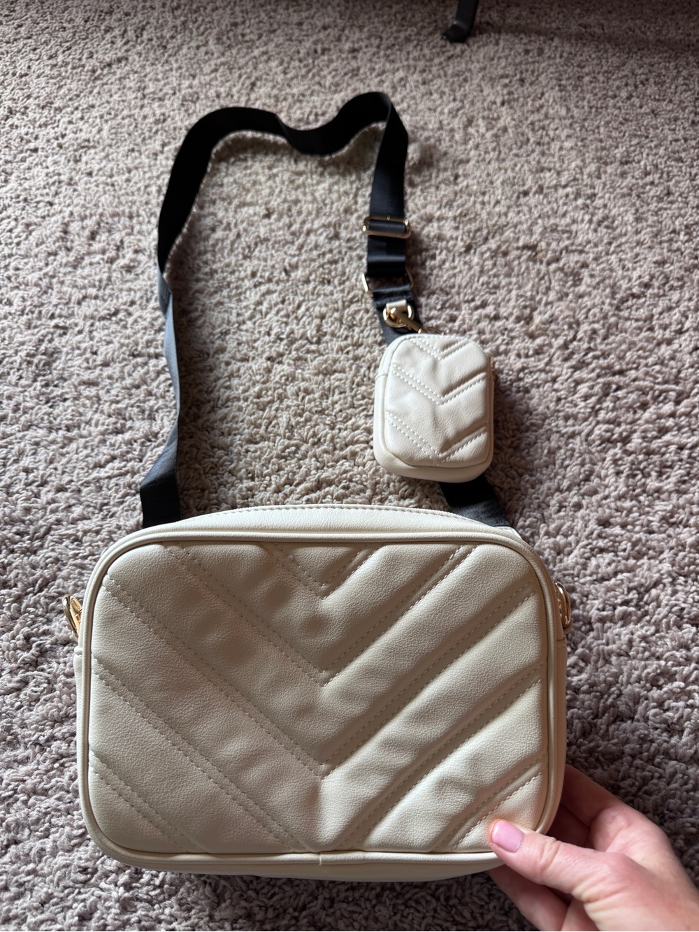 Cream Quilted Crossbody Bag with Coin Pouch